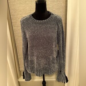 Cupid Light Green Chenille Sweater with Black Bows Tied on the Ruffled Cuffs